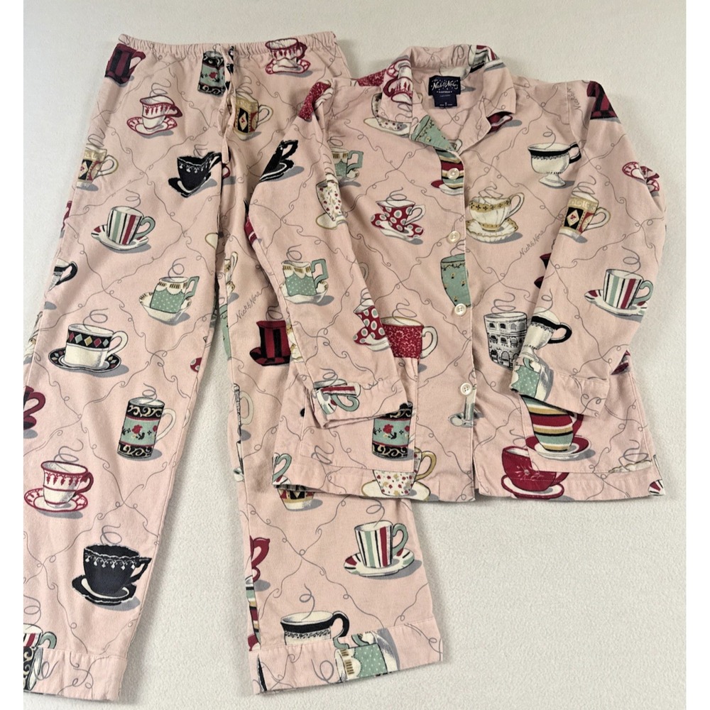 Nick and Nora Pajama Set  Cozy Cups Tea Coffee Mugs Pink 100% Cotton Flannel SM